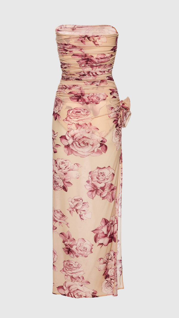 AIIZIE TAYSIA FLORAL STRAPLESS RUCHED MIDI DRESS - product image
