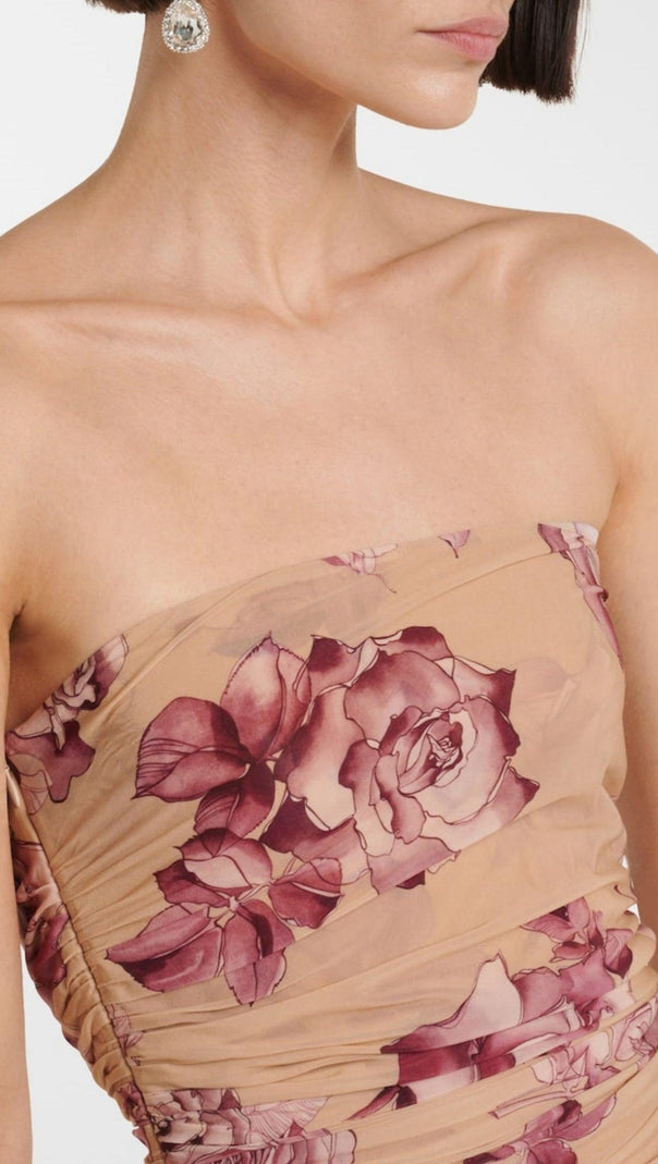 AIIZIE TAYSIA FLORAL STRAPLESS RUCHED MIDI DRESS - product image