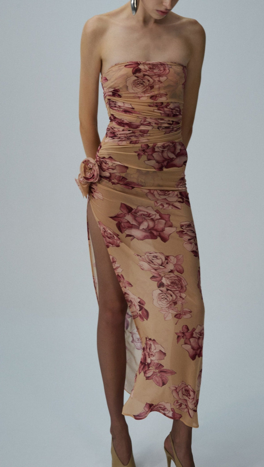 ABITO MIDI TAYSIA FLOREALE SENZA SPALLINE CON RUCHES