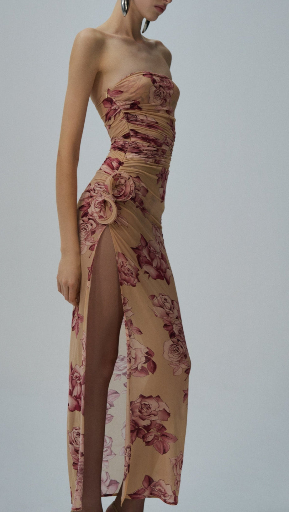 ABITO MIDI TAYSIA FLOREALE SENZA SPALLINE CON RUCHES