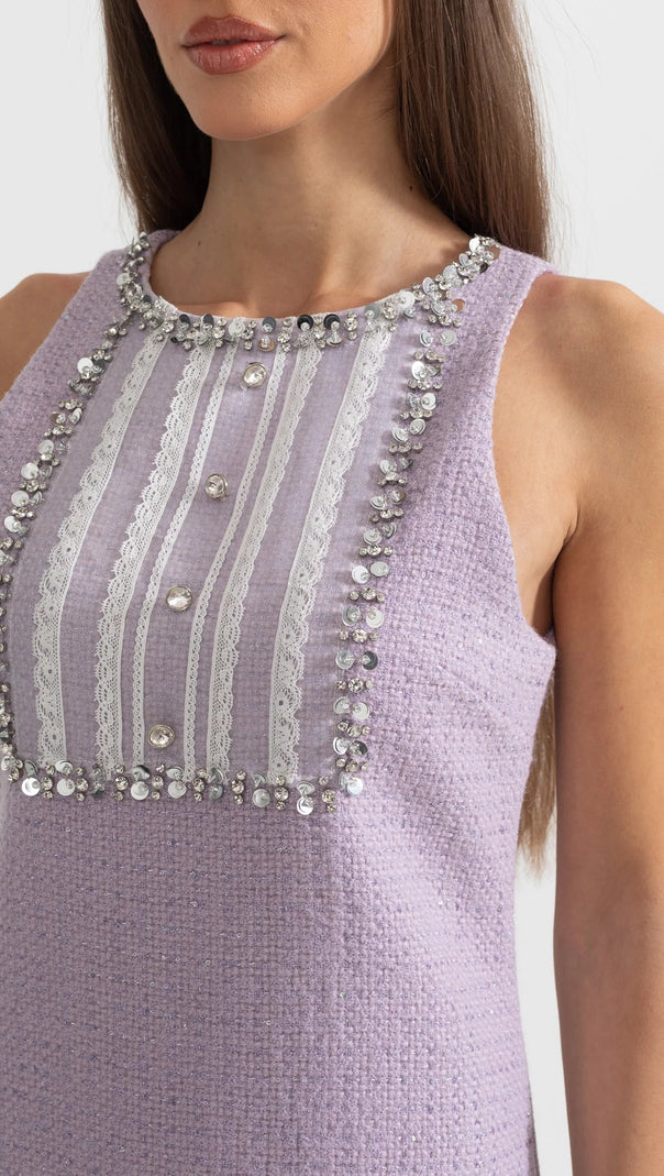 AIIZIE SEQUIN LACE EMBELLISHMENTS TEXTURED MINI DRESS IN PURPLE - product image