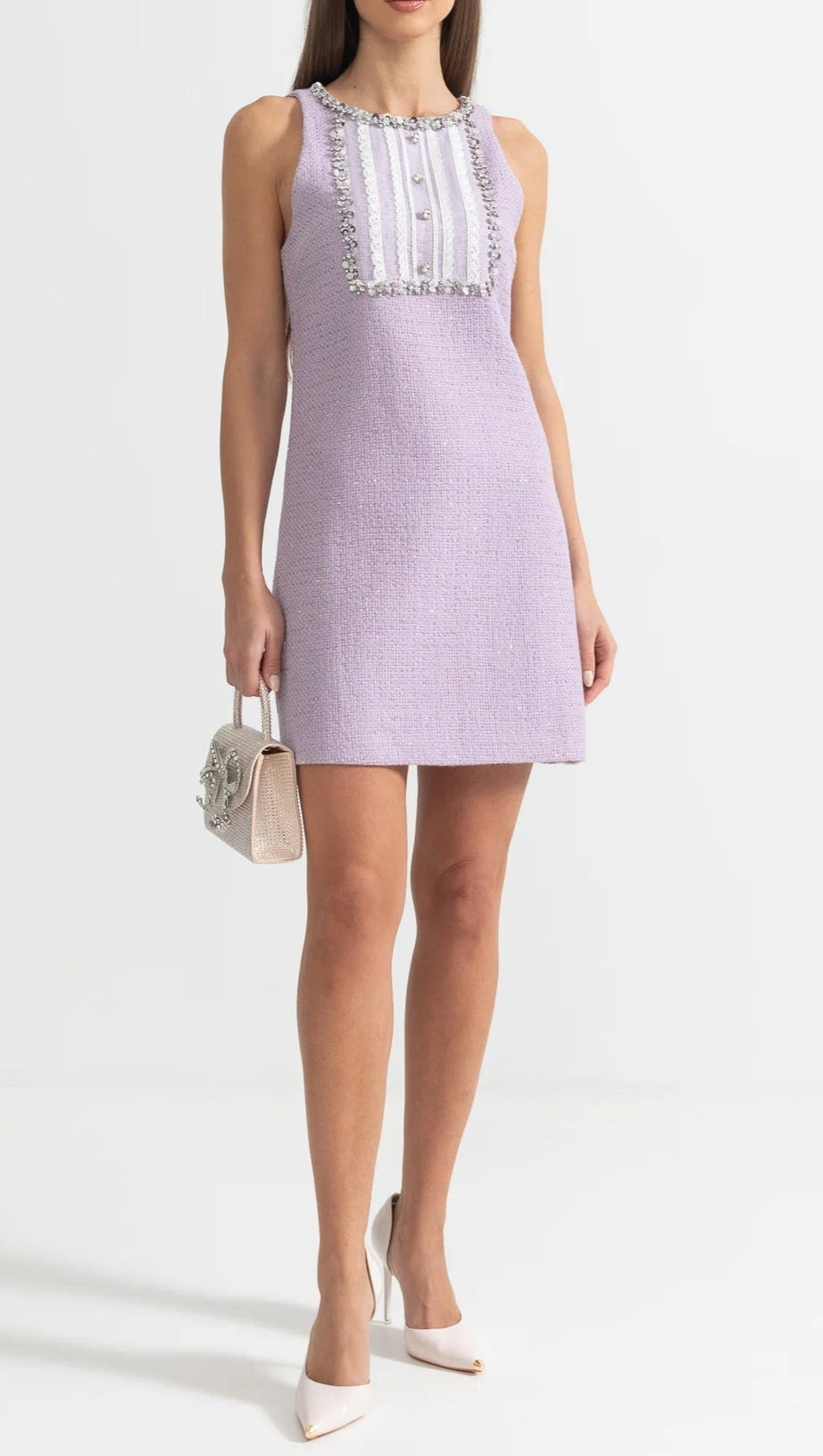 SEQUIN LACE EMBELLISHMENTS TEXTURED MINI DRESS IN PURPLE