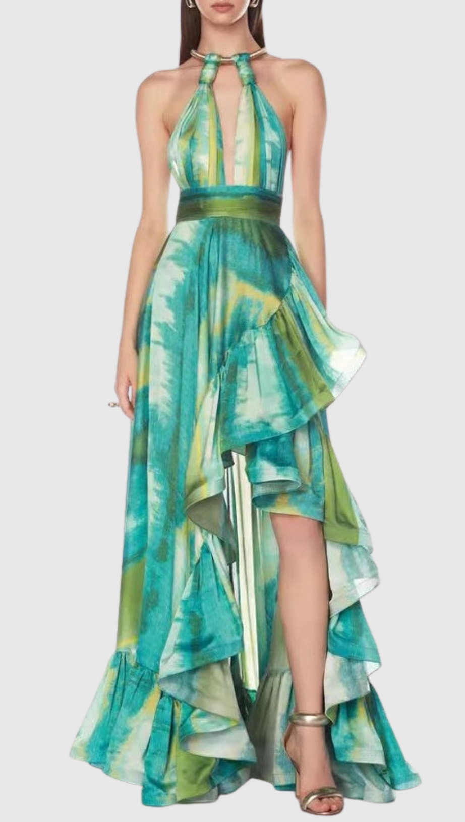 HALTER PRINTED CUTOUT RUFFLE MAXI DRESS