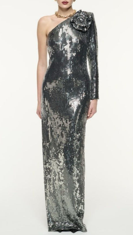 THIRZA FLORAL SEQUIN ONE SHOULDER MAXI DRESS