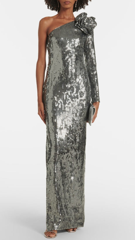 THIRZA FLORAL SEQUIN ONE SHOULDER MAXI DRESS