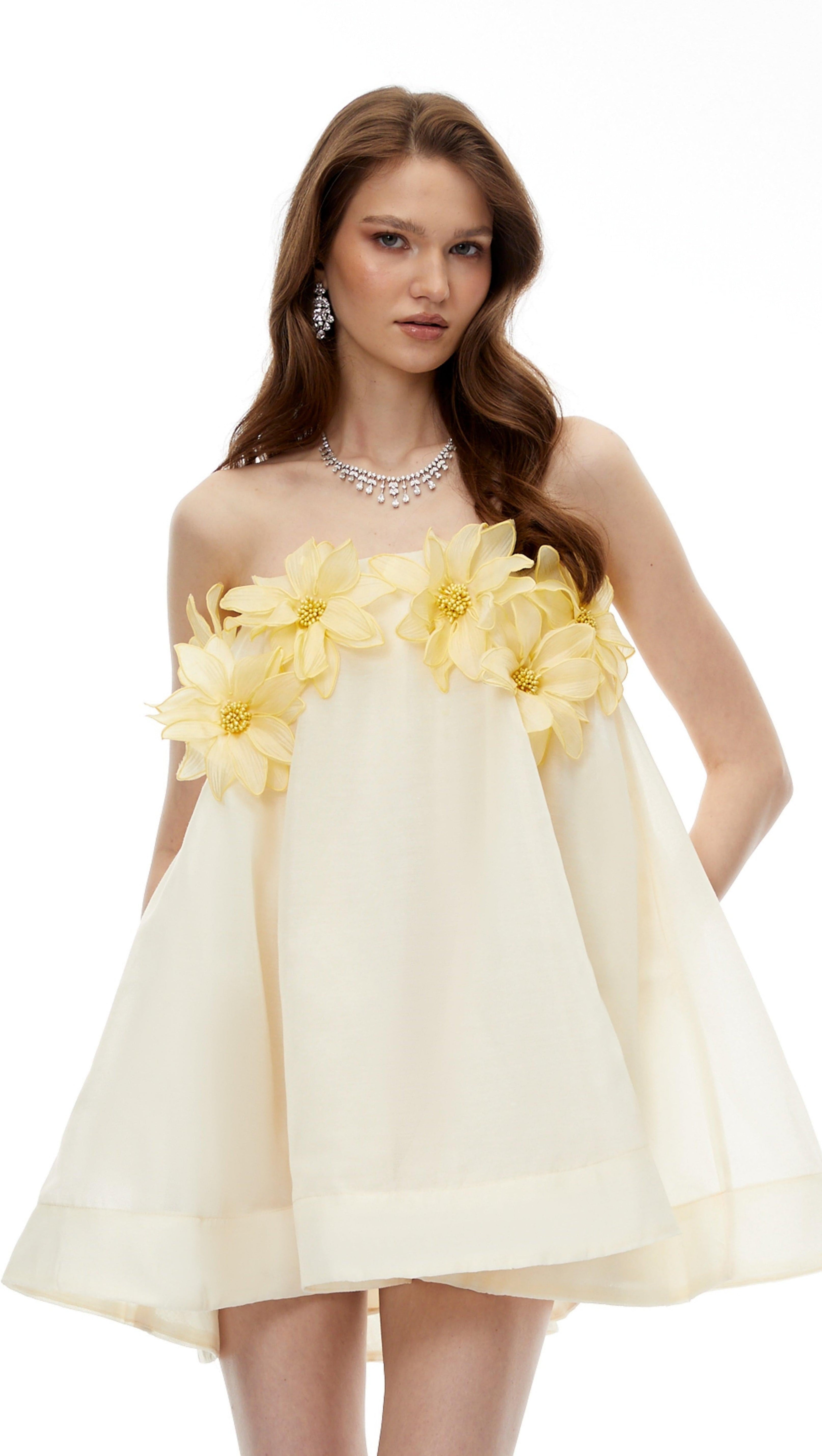 sabrina Off-Shoulder 3D Floral Mini Dress in Yellow