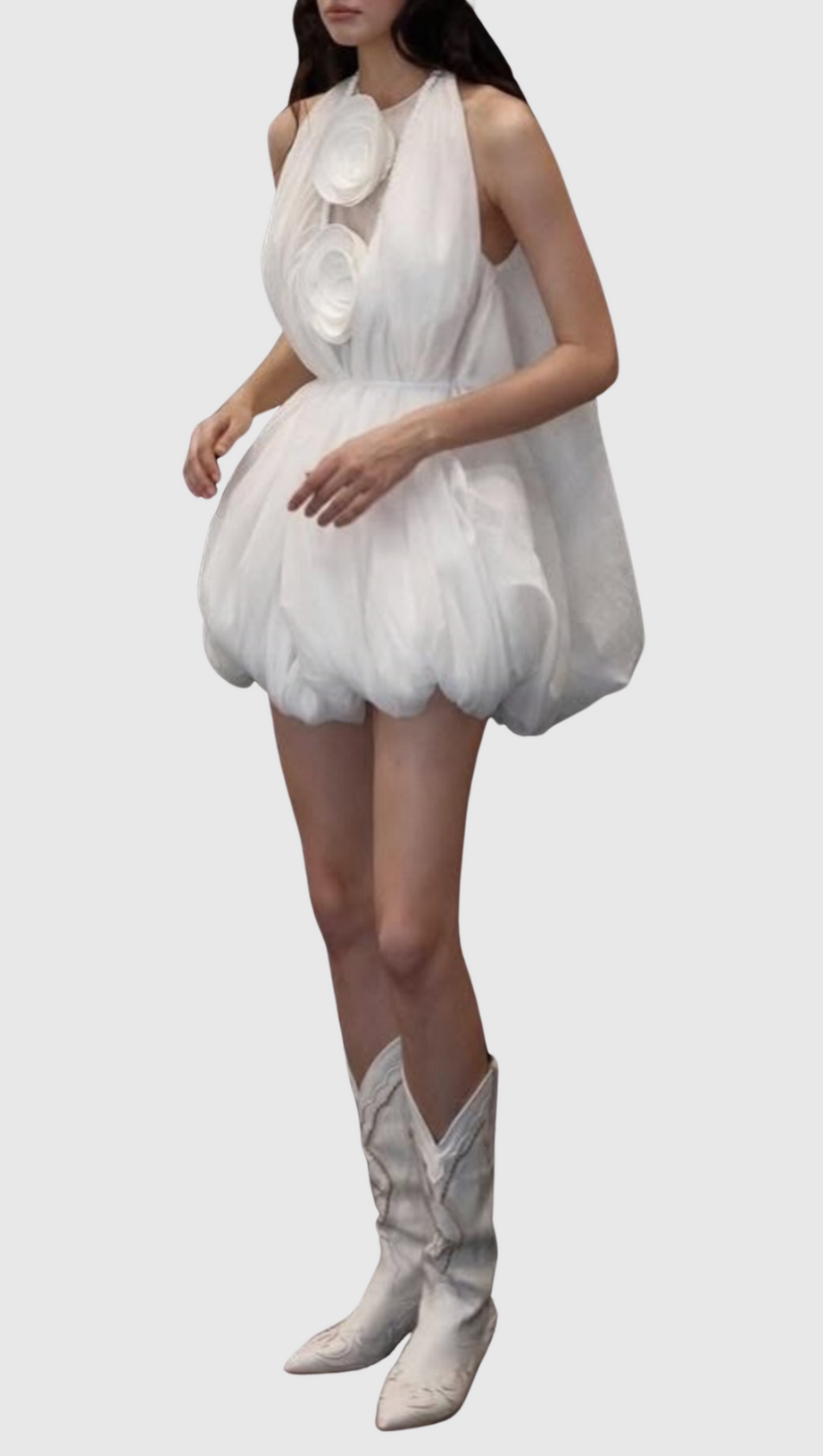 TLORA FLORAL APPLIQUE HALTER PUFFY MINI DRESS