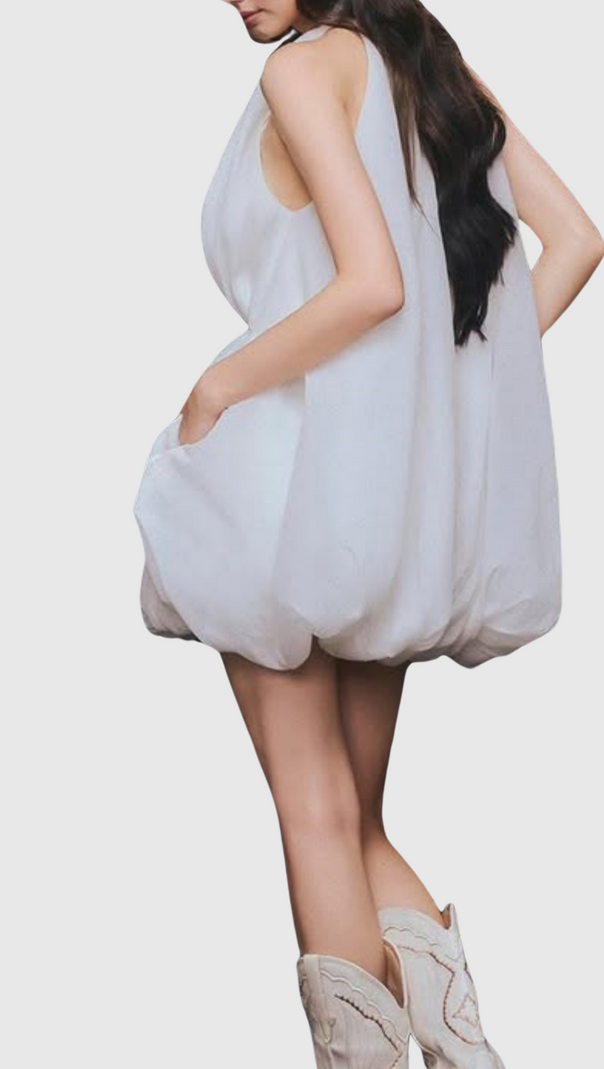 AIIZIE TLORA FLORAL APPLIQUE HALTER PUFFY MINI DRESS - product image