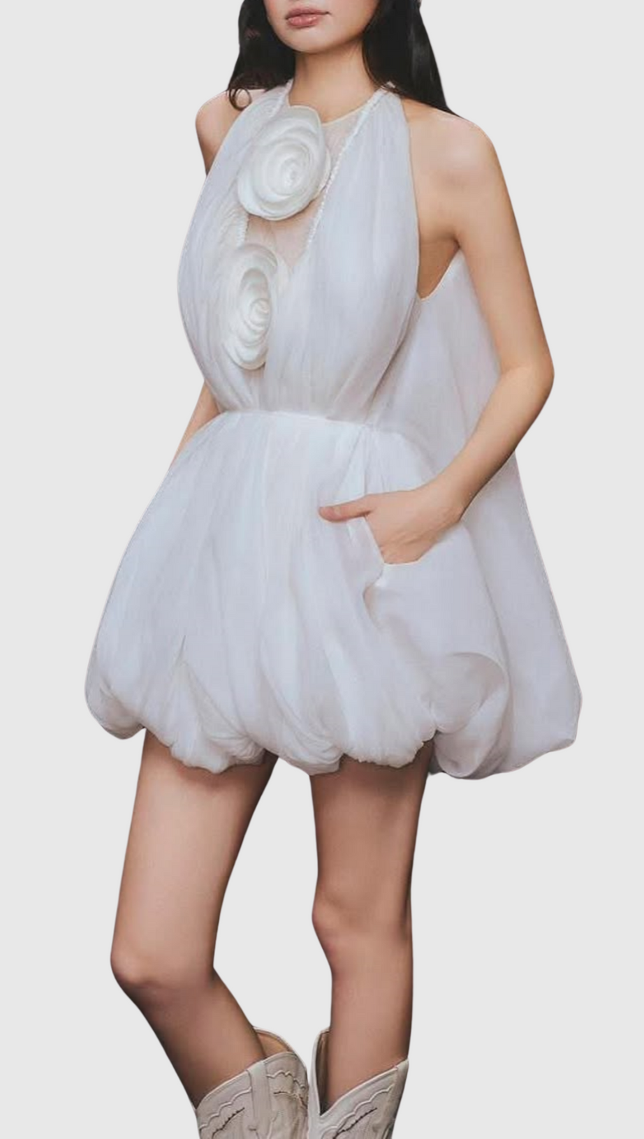 TLORA FLORAL APPLIQUE HALTER PUFFY MINI DRESS