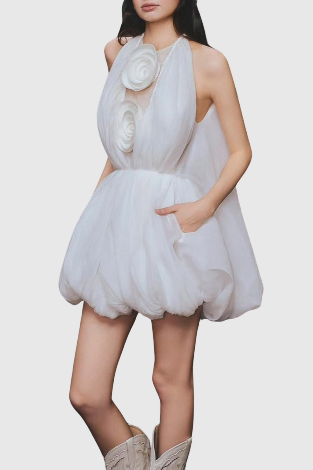 TLORA FLORAL APPLIQUE HALTER PUFFY MINI DRESS