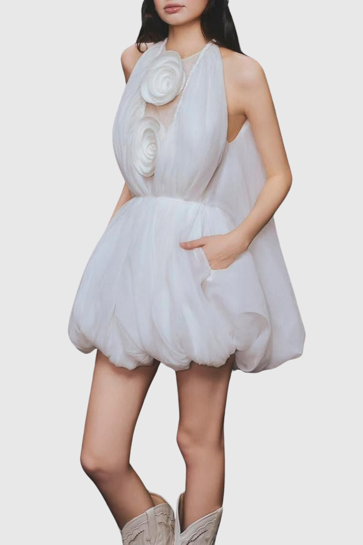 TLORA FLORAL APPLIQUE HALTER PUFFY MINI DRESS