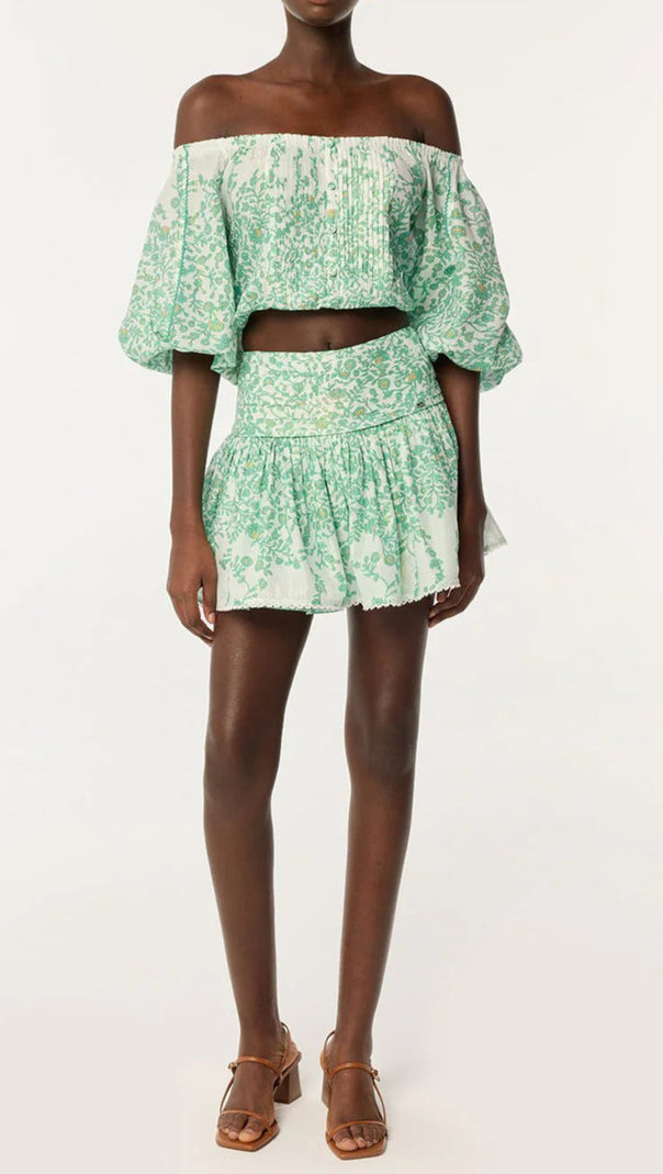 AIIZIE OFF-SHOULDER FLORAL PRINT MINI SKIRT SET IN GREEN - product image
