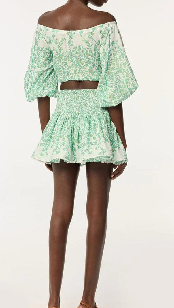 AIIZIE OFF-SHOULDER FLORAL PRINT MINI SKIRT SET IN GREEN - product image