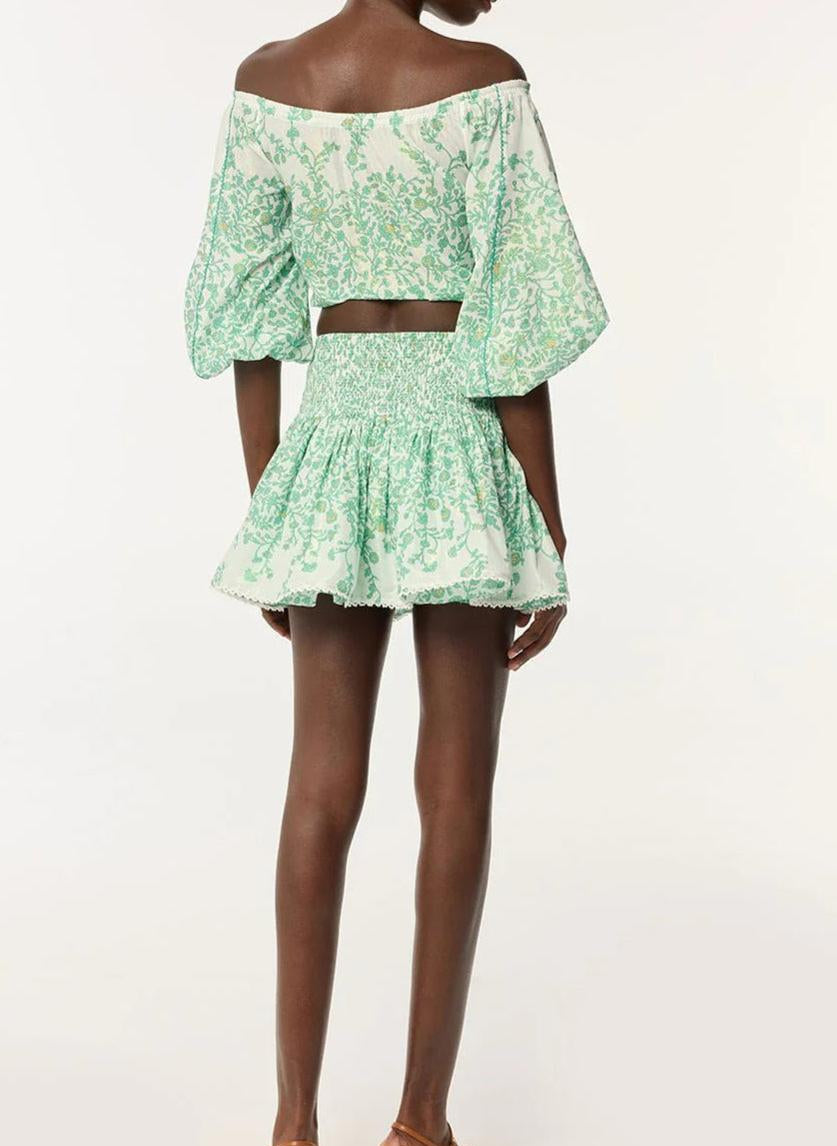 OFF-SHOULDER FLORAL PRINT MINI SKIRT SET IN GREEN