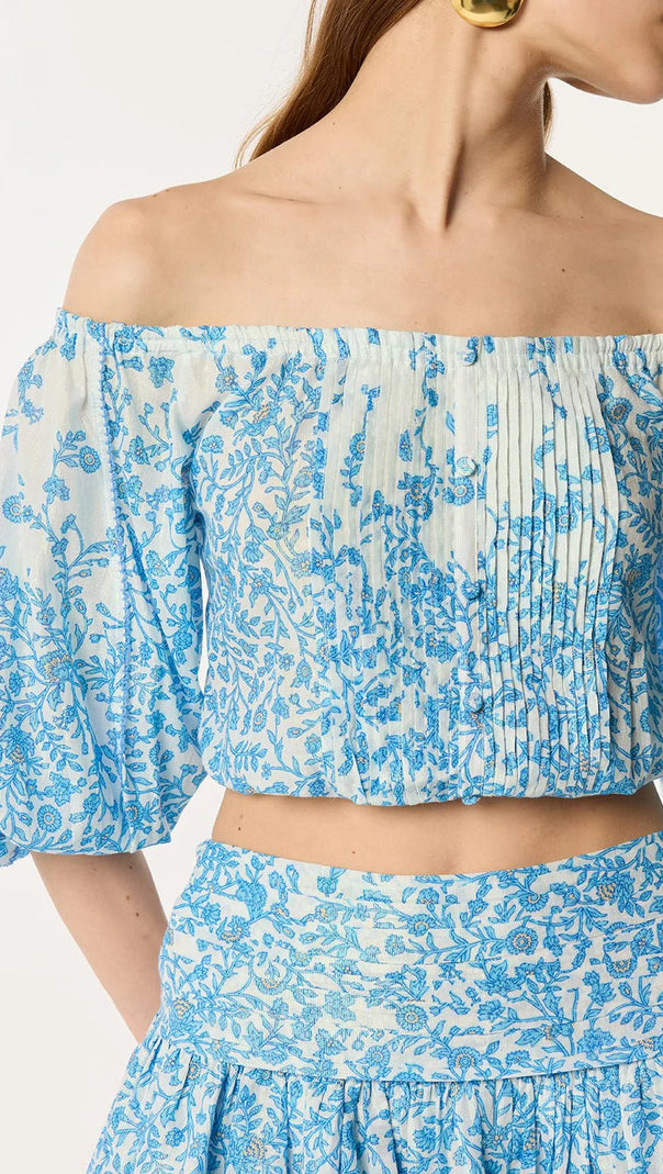 AIIZIE OFF-SHOULDER FLORAL PRINT MINI SKIRT SET IN BLUE - product image