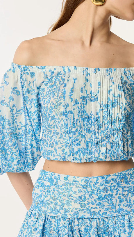 OFF-SHOULDER MINIROCK-SET MIT BLUMENPRINT IN BLAU