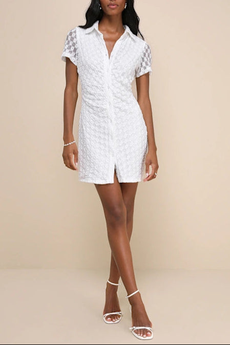 TRULY PRISTINE WHITE MESH FLORAL RUCHED BUTTON-UP MINI DRESS
