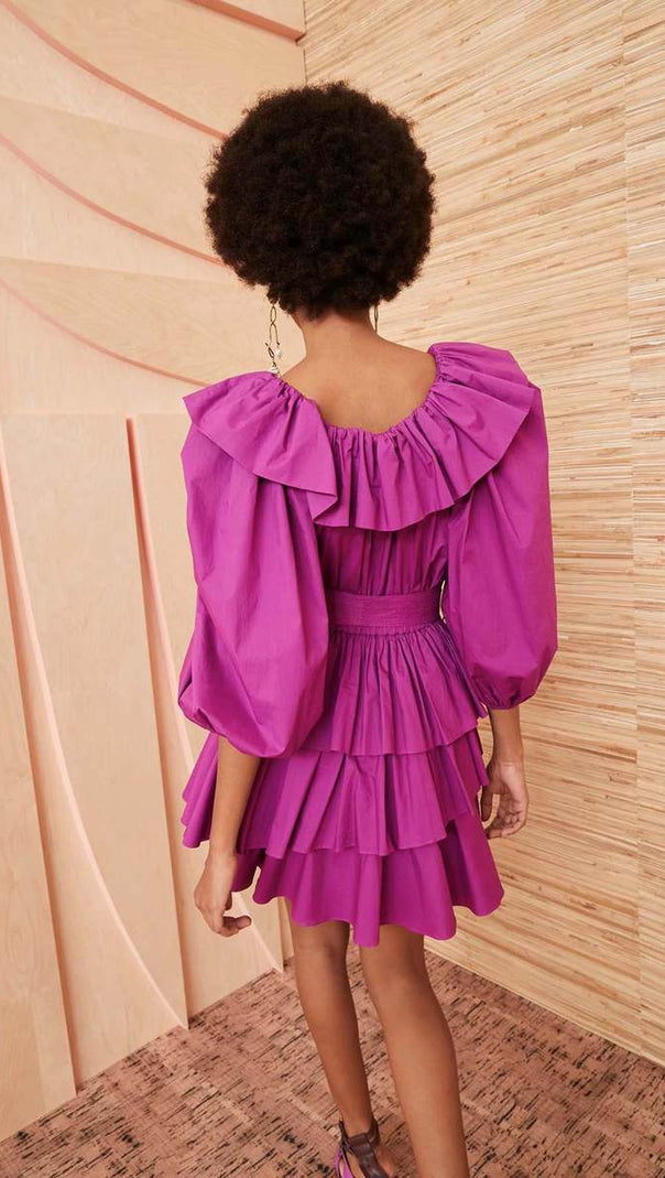 AIIZIE MURRAY PUFF SLEEVE RUFFLE LAYER MINI DRESS IN PURPLE - product image