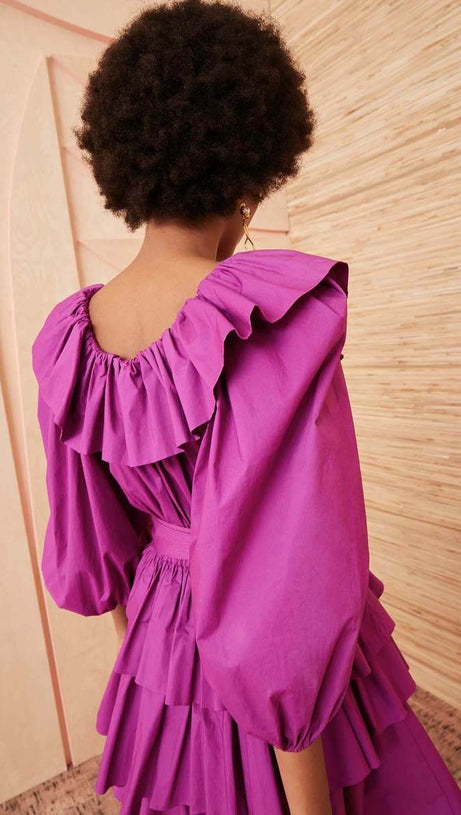 MURRAY PUFF SLEEVE RUFFLE LAYER MINI DRESS IN PURPLE