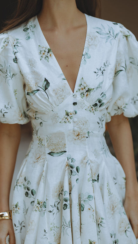 Venus – Minikleid mit V-Ausschnitt, Blumenmuster und Puffärmeln