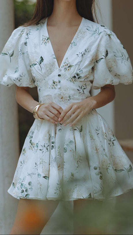 Venus – Minikleid mit V-Ausschnitt, Blumenmuster und Puffärmeln