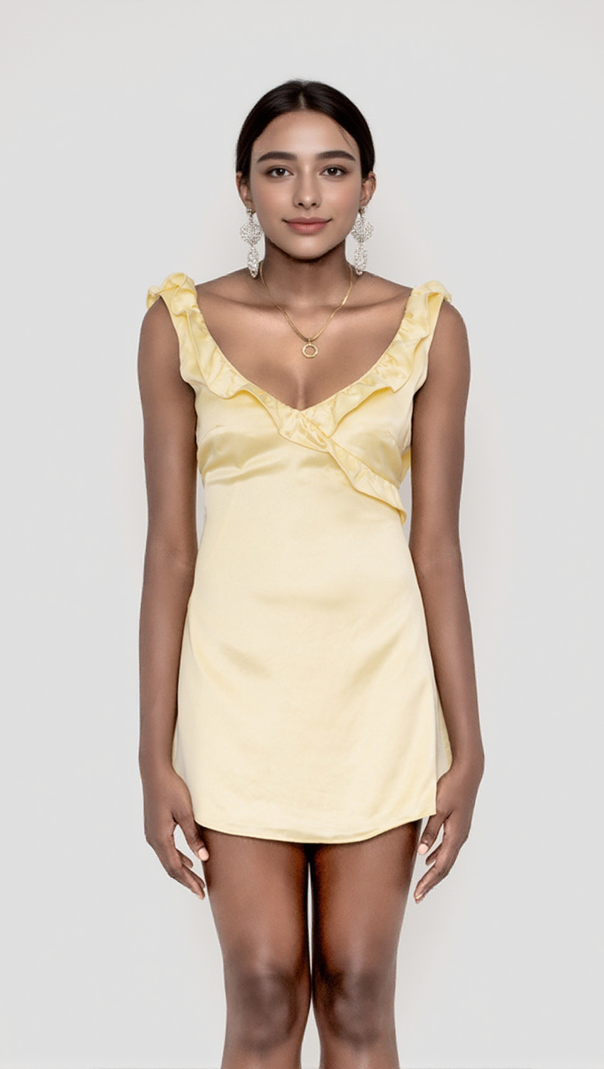AIIZIE SATIN RUFFLE MINI DRESS IN YELLOW - product image