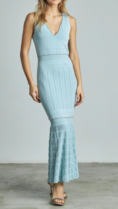 V-NECK BEADING KNIT BODYCON MAXI DRESS IN PALE BLUE