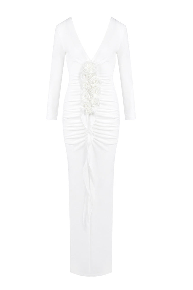 ABITO LUNGO BIANCO CON SCOLLO A V E FIORI arricciati ELSA