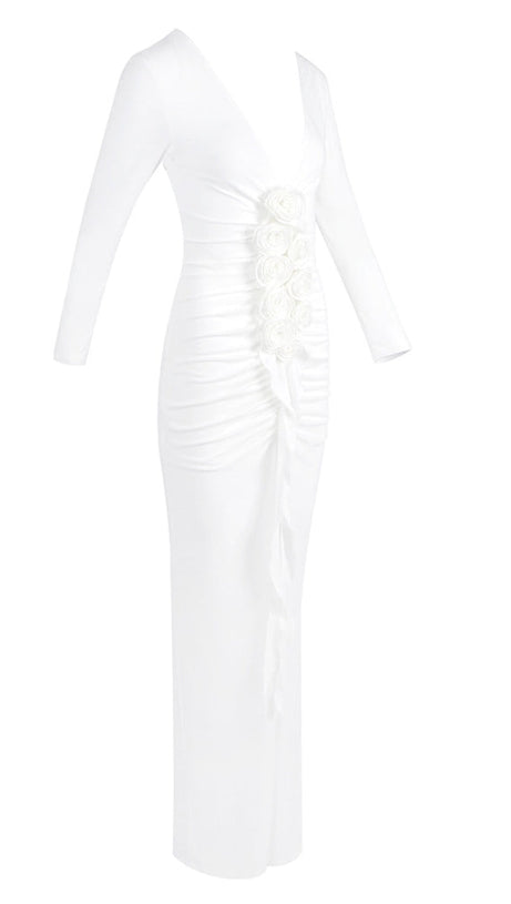 ELSA V NECK FLOWER RUCHED MAXI DRESS IN WHITE