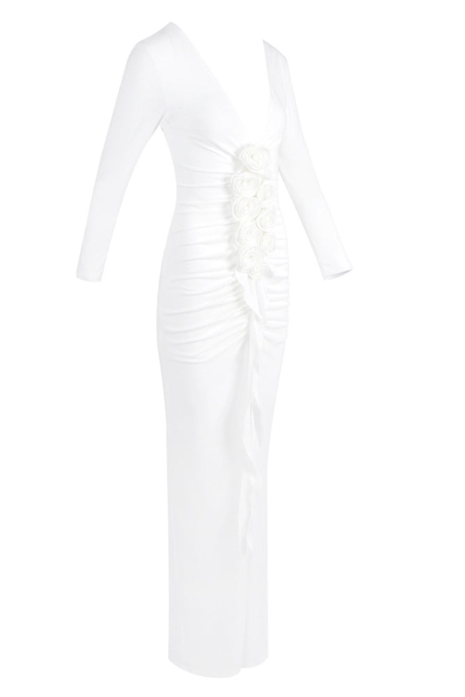 elsa V Neck Flower Ruched maxi Dress in white