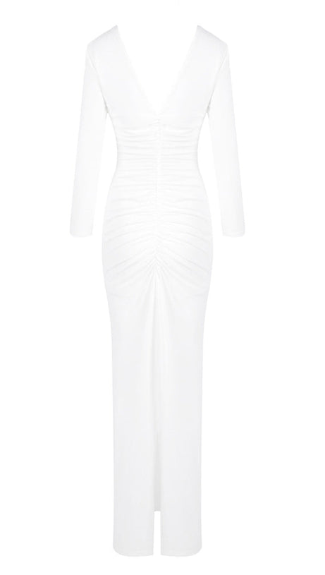 ELSA V NECK FLOWER RUCHED MAXI DRESS IN WHITE