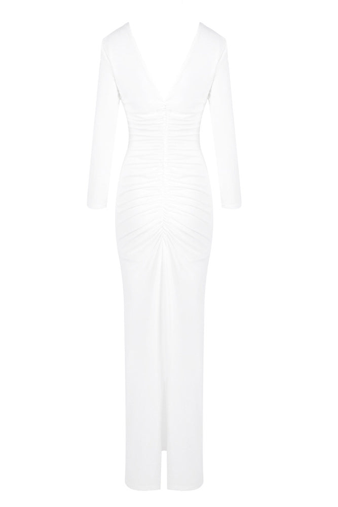 elsa V Neck Flower Ruched maxi Dress in white