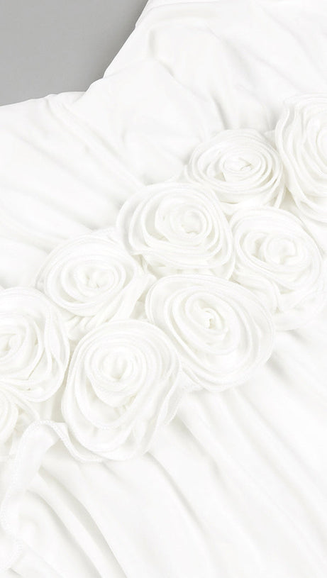 ELSA V NECK FLOWER RUCHED MAXI DRESS IN WHITE