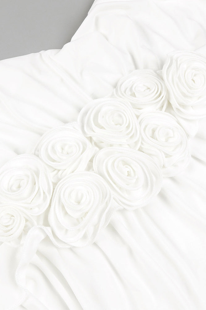 elsa V Neck Flower Ruched maxi Dress in white