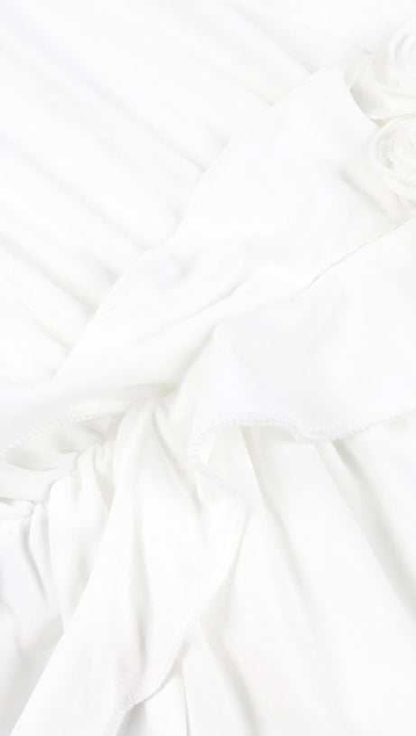 ELSA V NECK FLOWER RUCHED MAXI DRESS IN WHITE