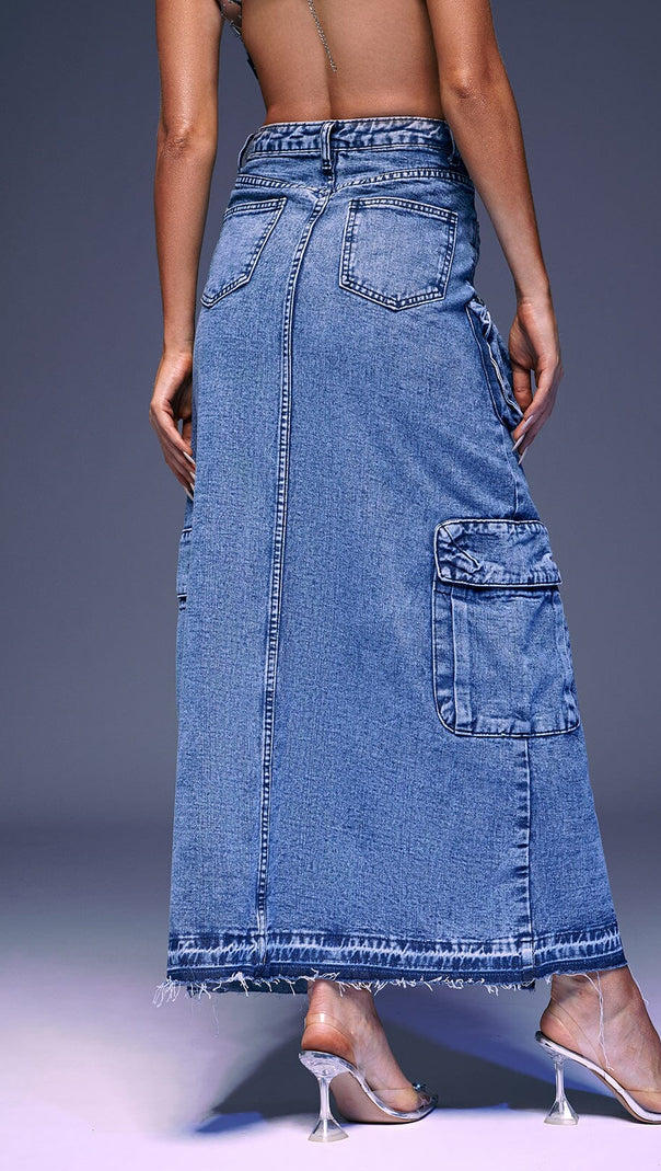 AIIZIE POCKET SPLIT DENIM SKIRT IN BLUE - product image