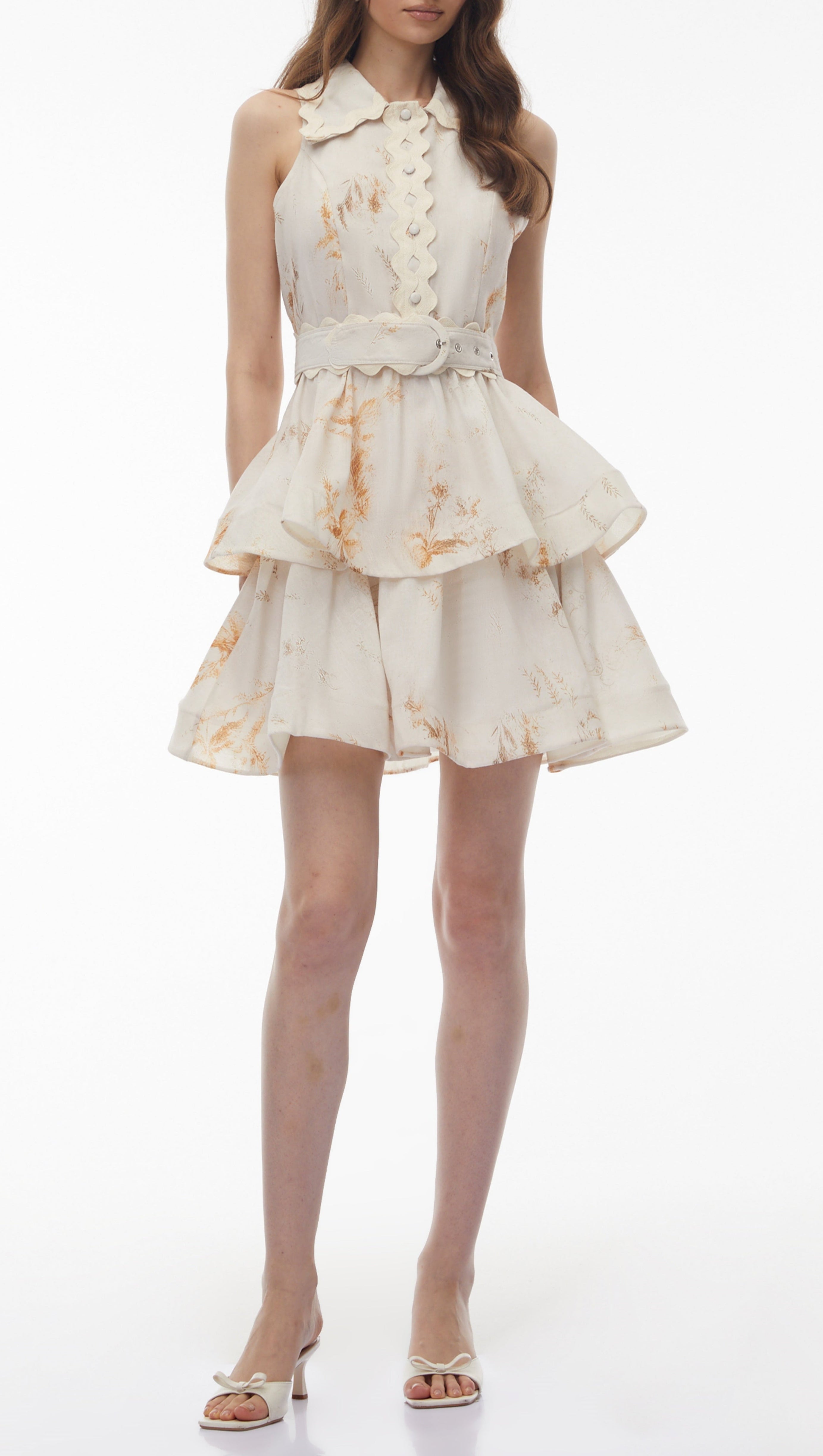 Vashti Neutral Tiered Ruffled Mini Dress