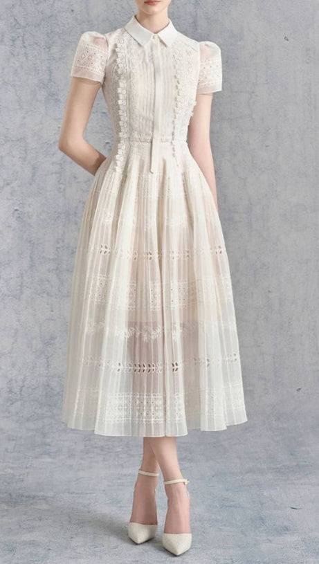 LACE HOLLOW EMBROIDERY MIDI DRESS IN APRICOT