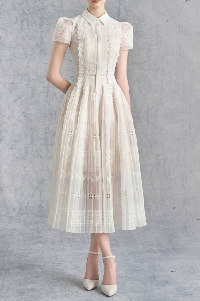 AIIZIE LACE HOLLOW EMBROIDERY MIDI DRESS IN APRICOT - product image