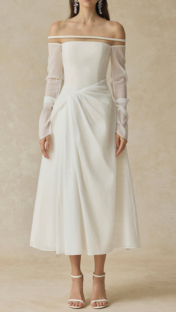 AIIZIE judith off-shoulder A-line Voile Midi Dress in white - product image