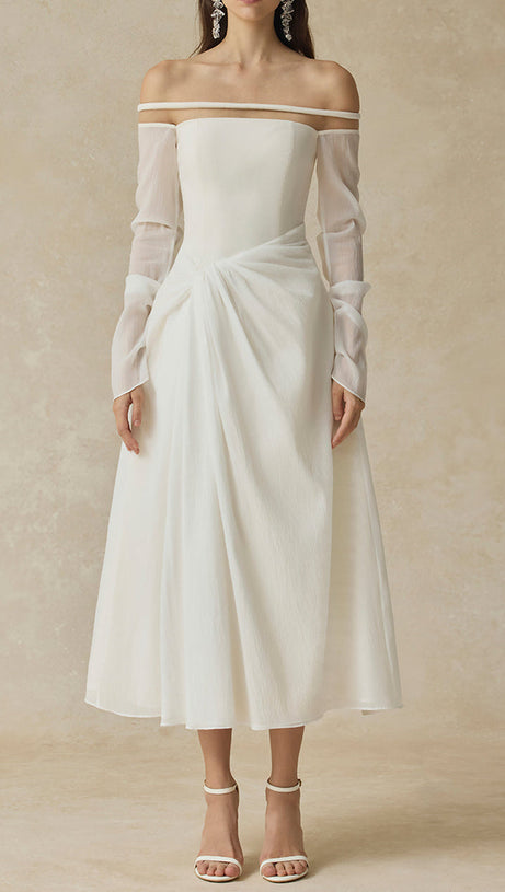 judith off-shoulder A-line Voile Midi Dress in white