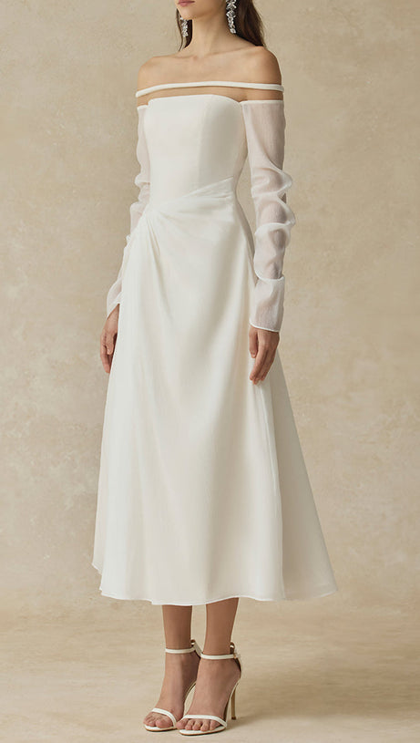 judith off-shoulder A-line Voile Midi Dress in white