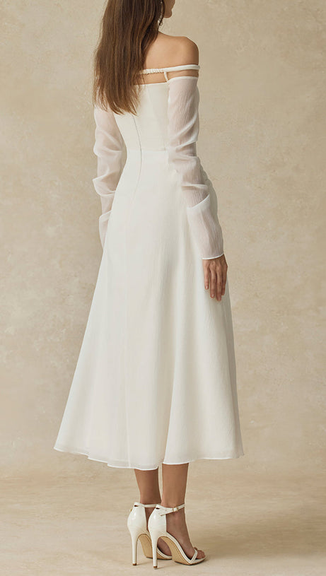 judith off-shoulder A-line Voile Midi Dress in white