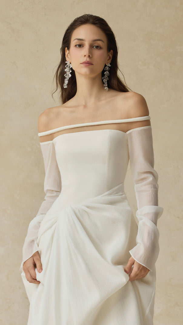 AIIZIE judith off-shoulder A-line Voile Midi Dress in white - product image