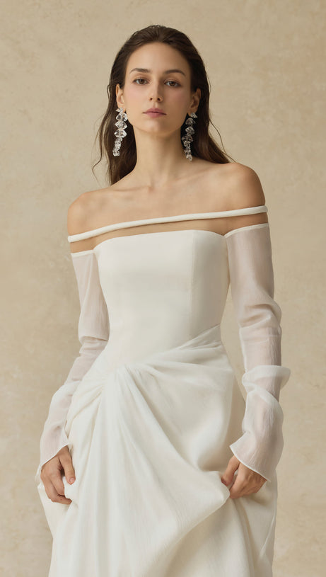 judith off-shoulder A-line Voile Midi Dress in white