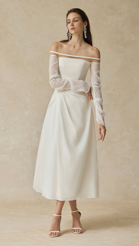 judith off-shoulder A-line Voile Midi Dress in white