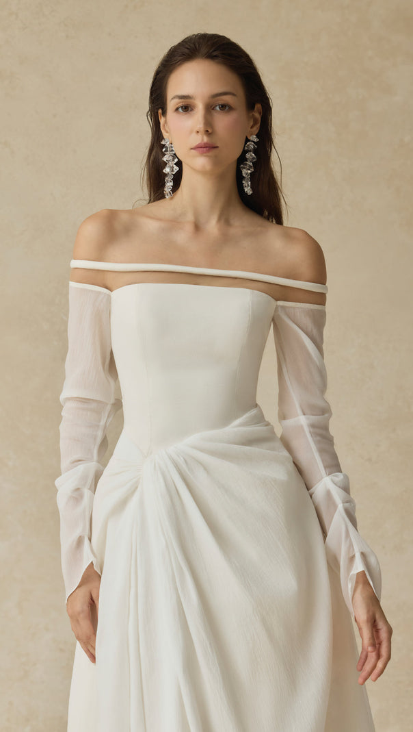 AIIZIE judith off-shoulder A-line Voile Midi Dress in white - product image