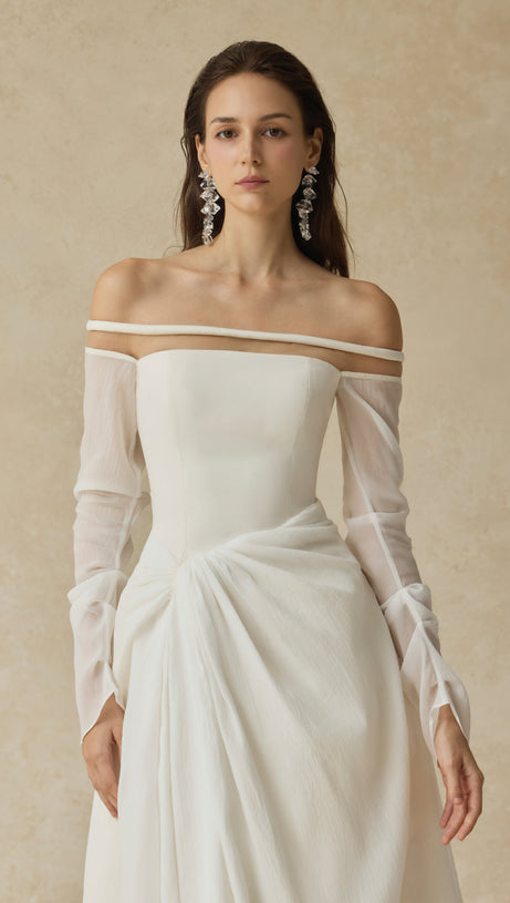 judith off-shoulder A-line Voile Midi Dress in white