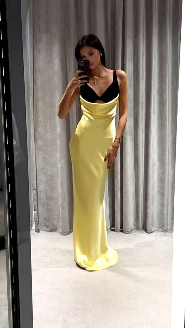 AIIZIE VELVET BUSTIER MAXI DRESS BLACK YELLOW - product image
