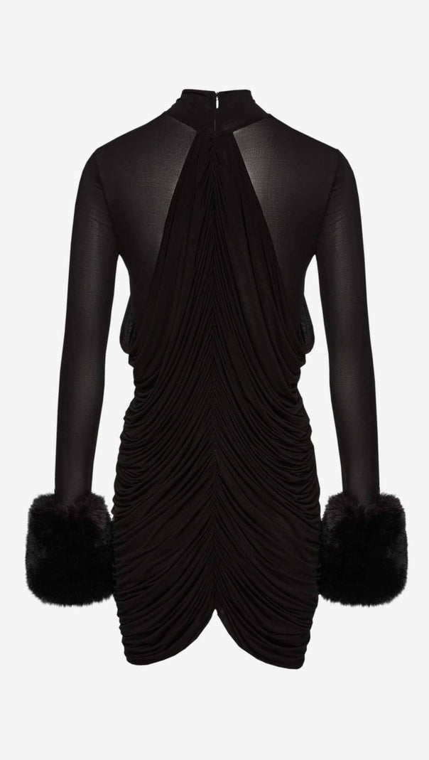 AIIZIE VEVIDA RUCHED MESH FAUX FUR MINI DRESS IN BLACK - product image